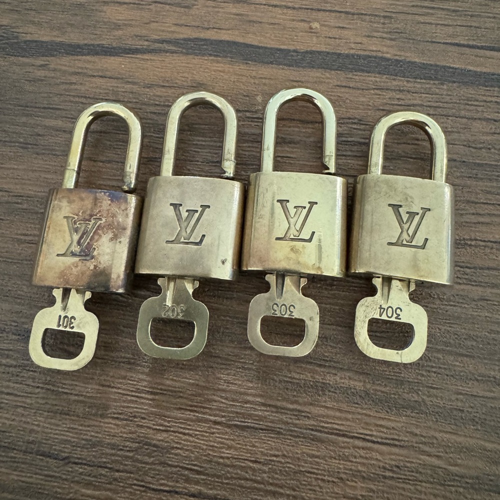LOUIS VUITTON PadLock Lock & Key Brass Gold Authentic Numbers 301-304